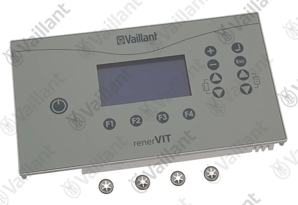 Vaillant Bedienelement mit Tasten und Display zur Steuerung von Heizsystemen, inklusive Schrauben zur Montage.